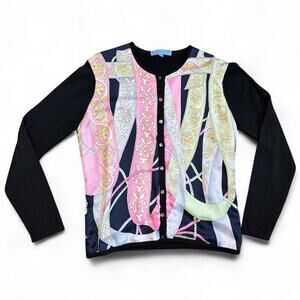 VINTAGE J. McLaughlin Black Knit Multi Print Front Cardigan Sweater Size M